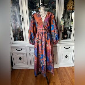 Farm Rio wild jungle brown balloon sleeves maxi dress M